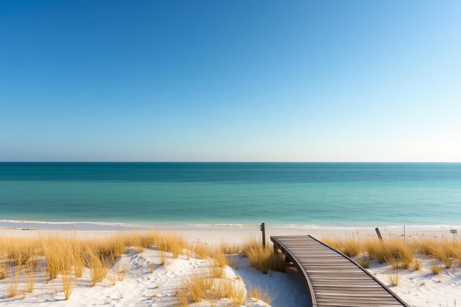 Belleair Beach Florida turquoise Gulf water with sea oats and a wooden boardwalk leading to white sand