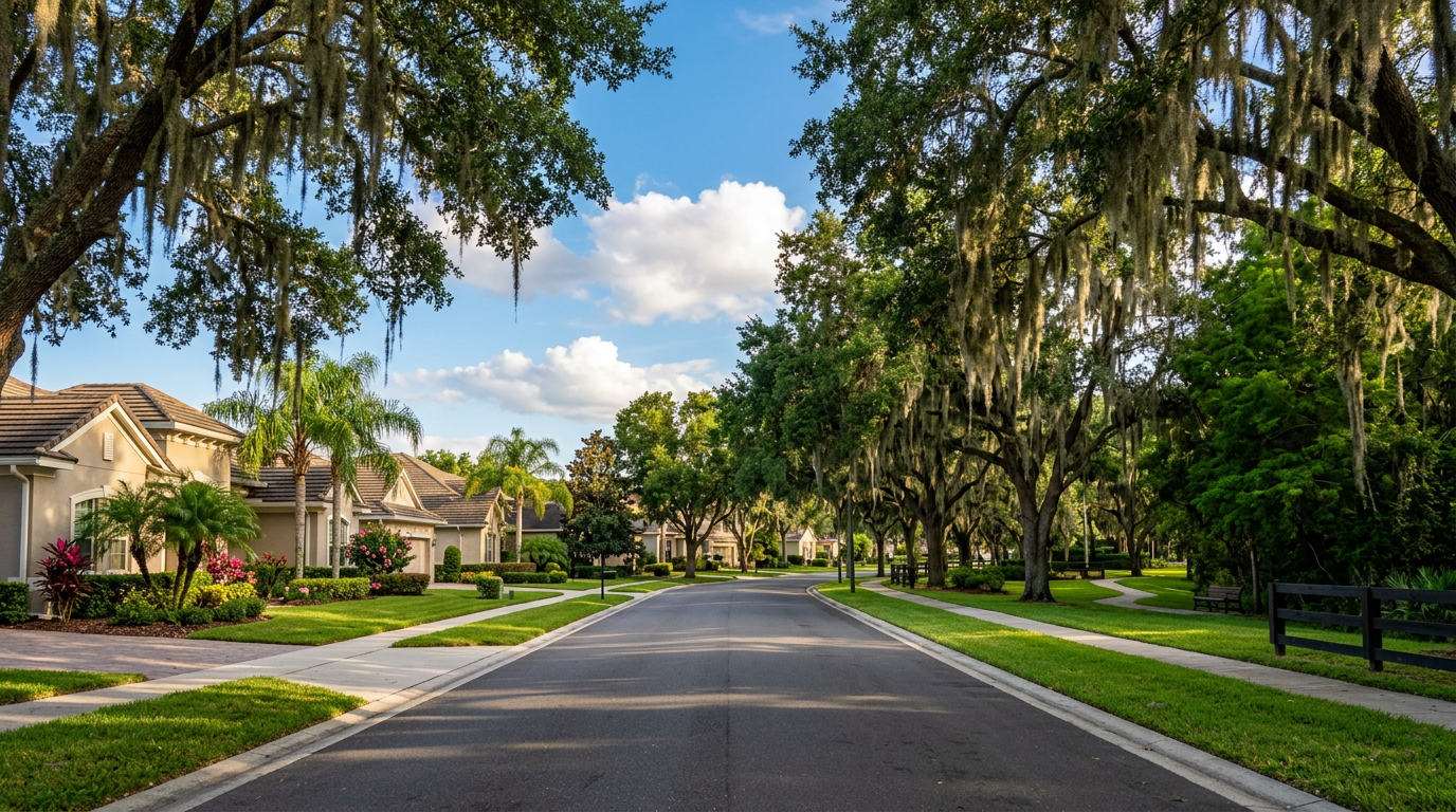 Bloomingdale Florida tree-lined neighborhood street with Spanish moss oaks