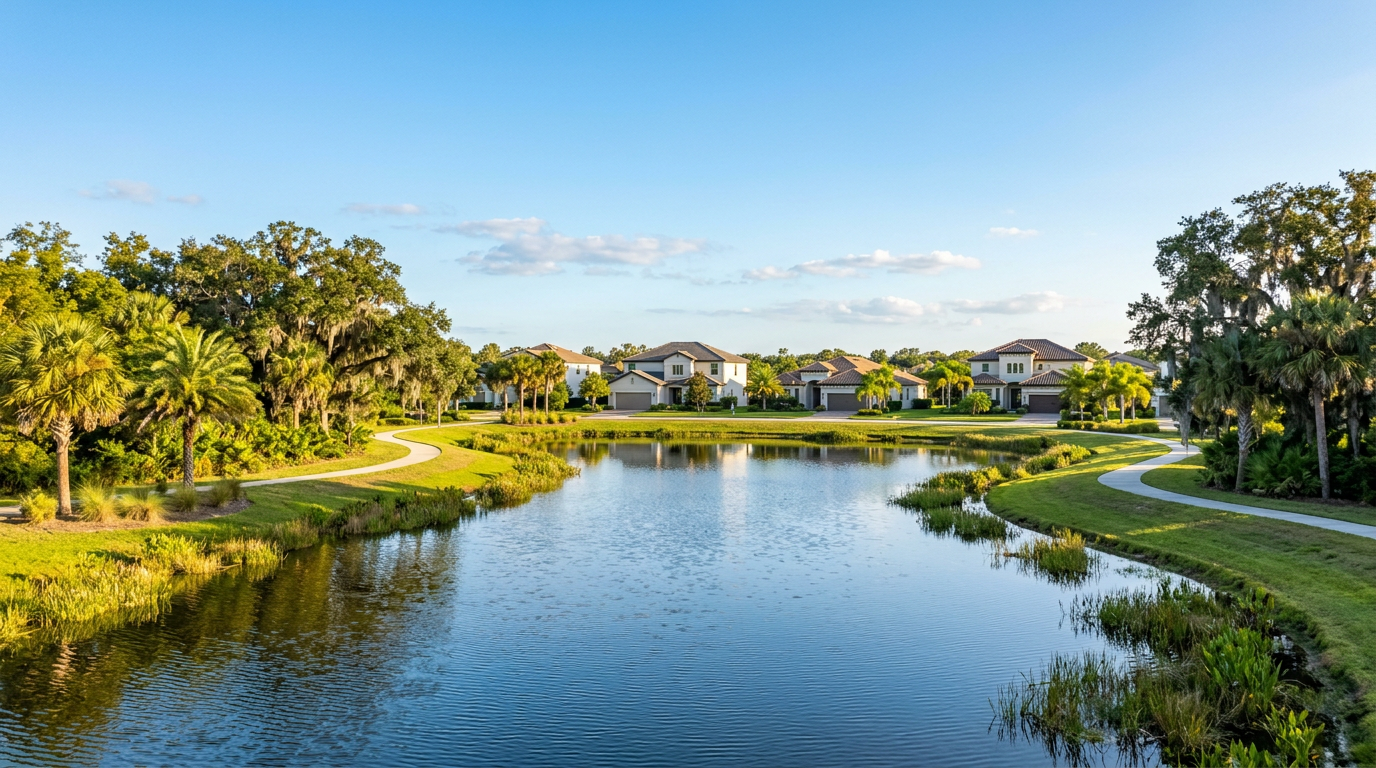 Citrus Park Florida suburban scene with retention pond