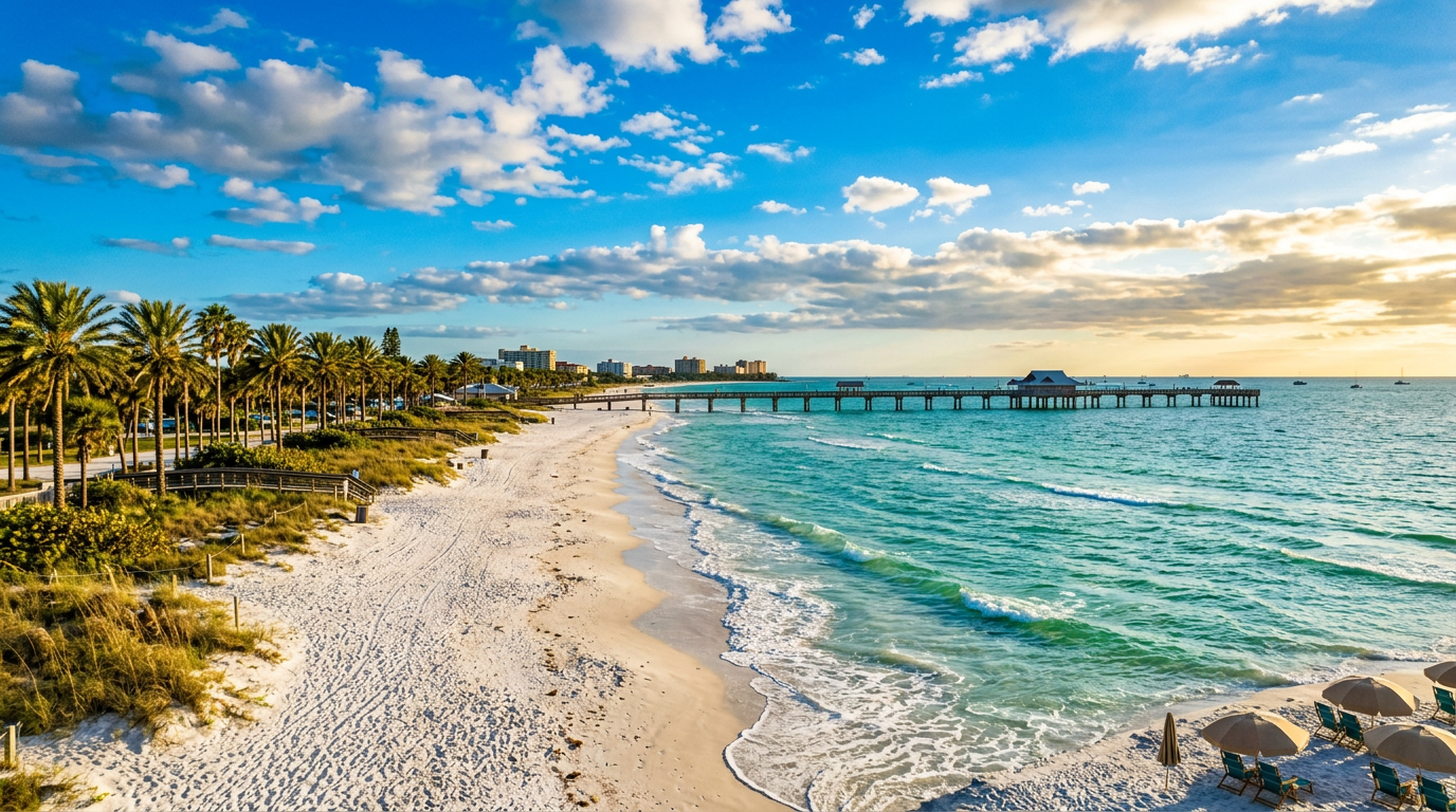 Clearwater Beach Florida white sand beach and Pier 60