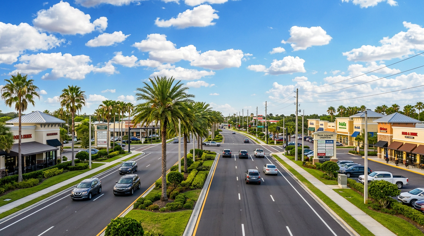 Pinellas Park Florida suburban thoroughfare with palm-lined median