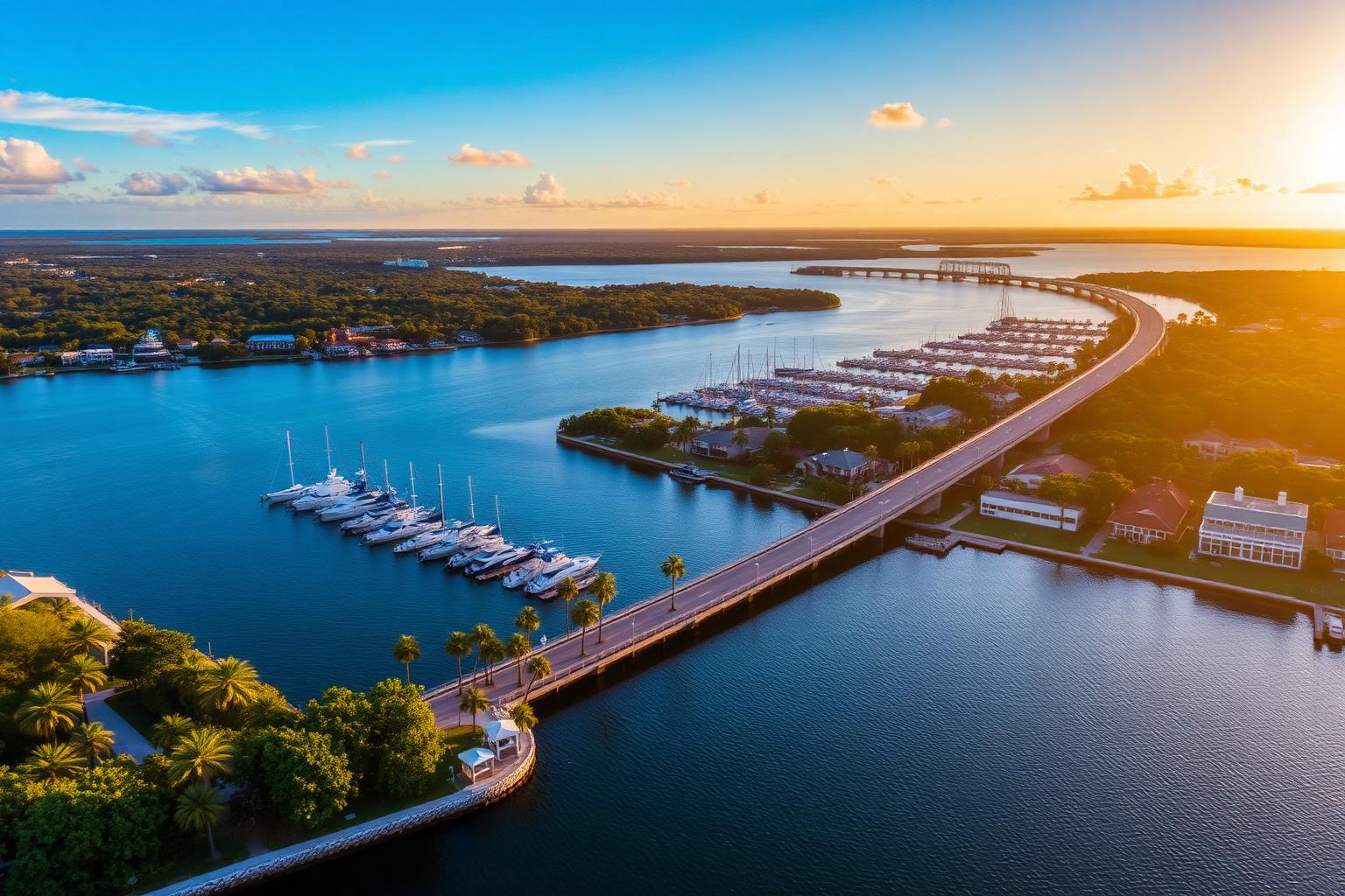 Aerial view of Sarasota Florida bayfront marina and the John Ringling Causeway at golden hour