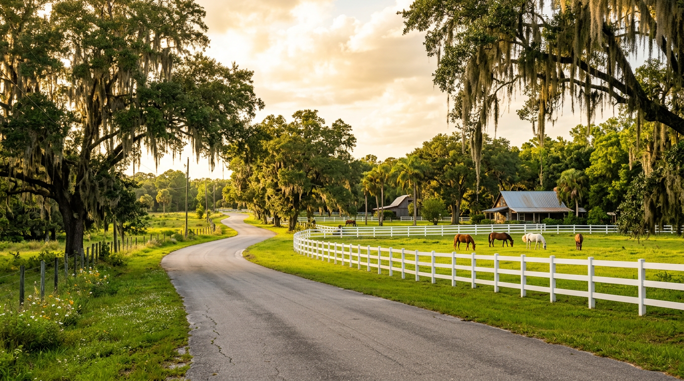 Seffner Florida country road with oak trees and pasture