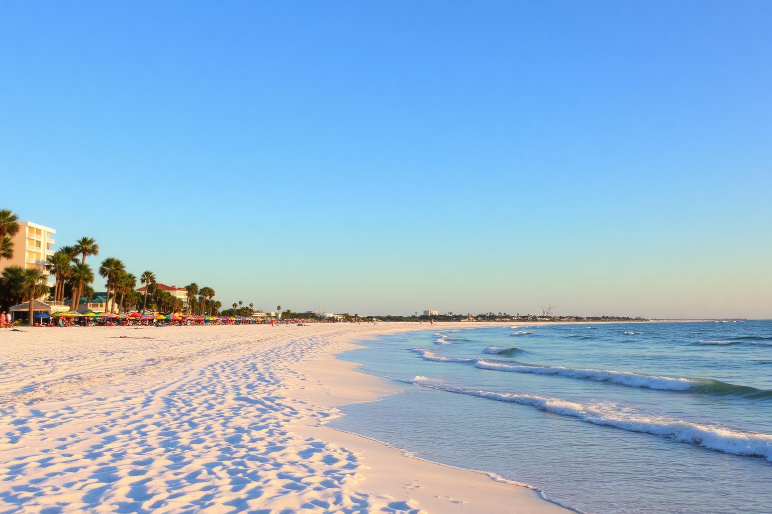 St. Pete Beach Florida white sand shoreline with palm trees and the Gulf of Mexico at sunset