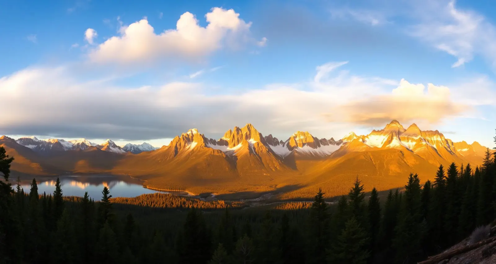 Sawtooth Mountains in Idaho at golden hour with alpine lake and pine forest