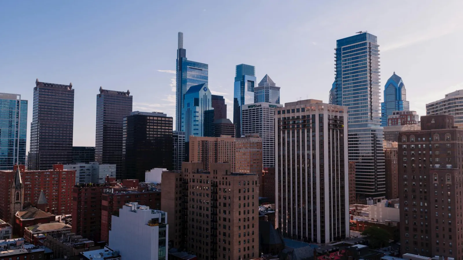 Aerial view of the Philadelphia, Pennsylvania skyline on a clear day